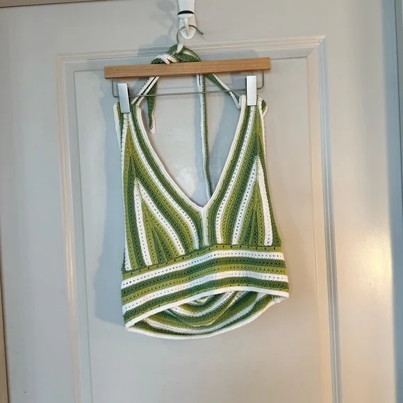Hollister Green & White Crochet Open Knit Tie Halter Top, Size L/ XL - Picture 3 of 5